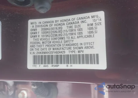 2015 Honda Cr-V Lx z USA, uszkodzony, nr VIN 2HKRM4H35FH604429